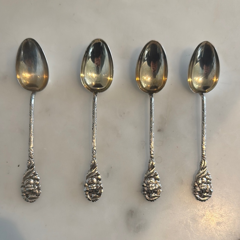 19th century Qing Dynasty sterling Silver Floral Spoons Set